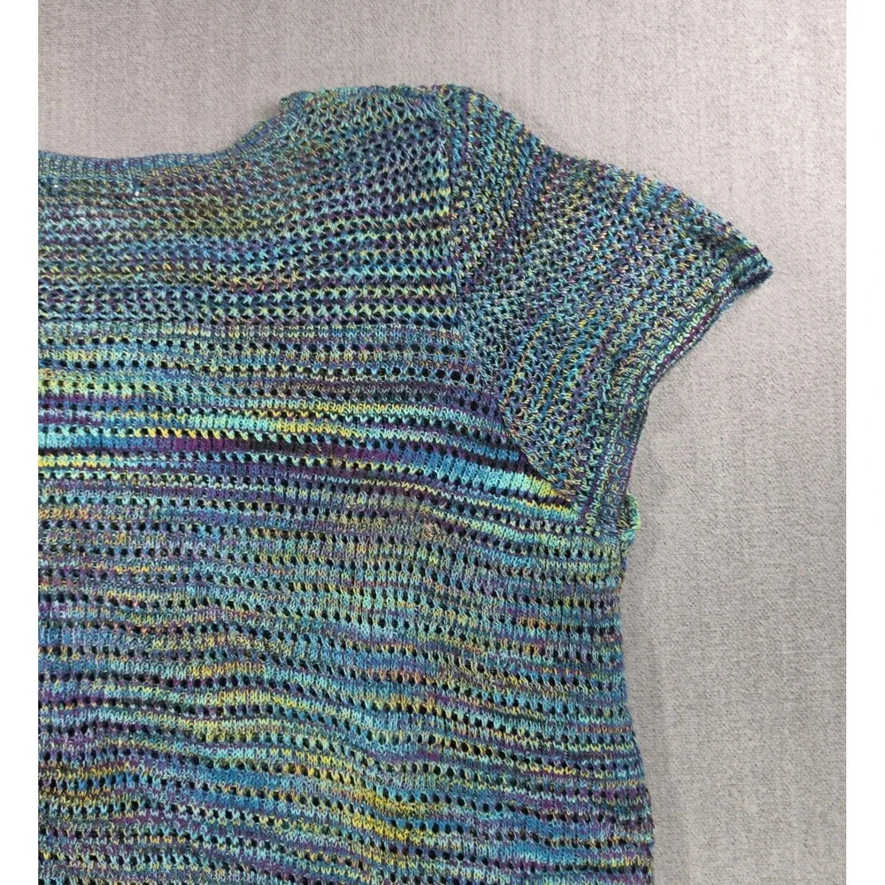 John Paul Richard Knit Top Womens XL Blue Space Dye Fringe Boho Short Sleeve